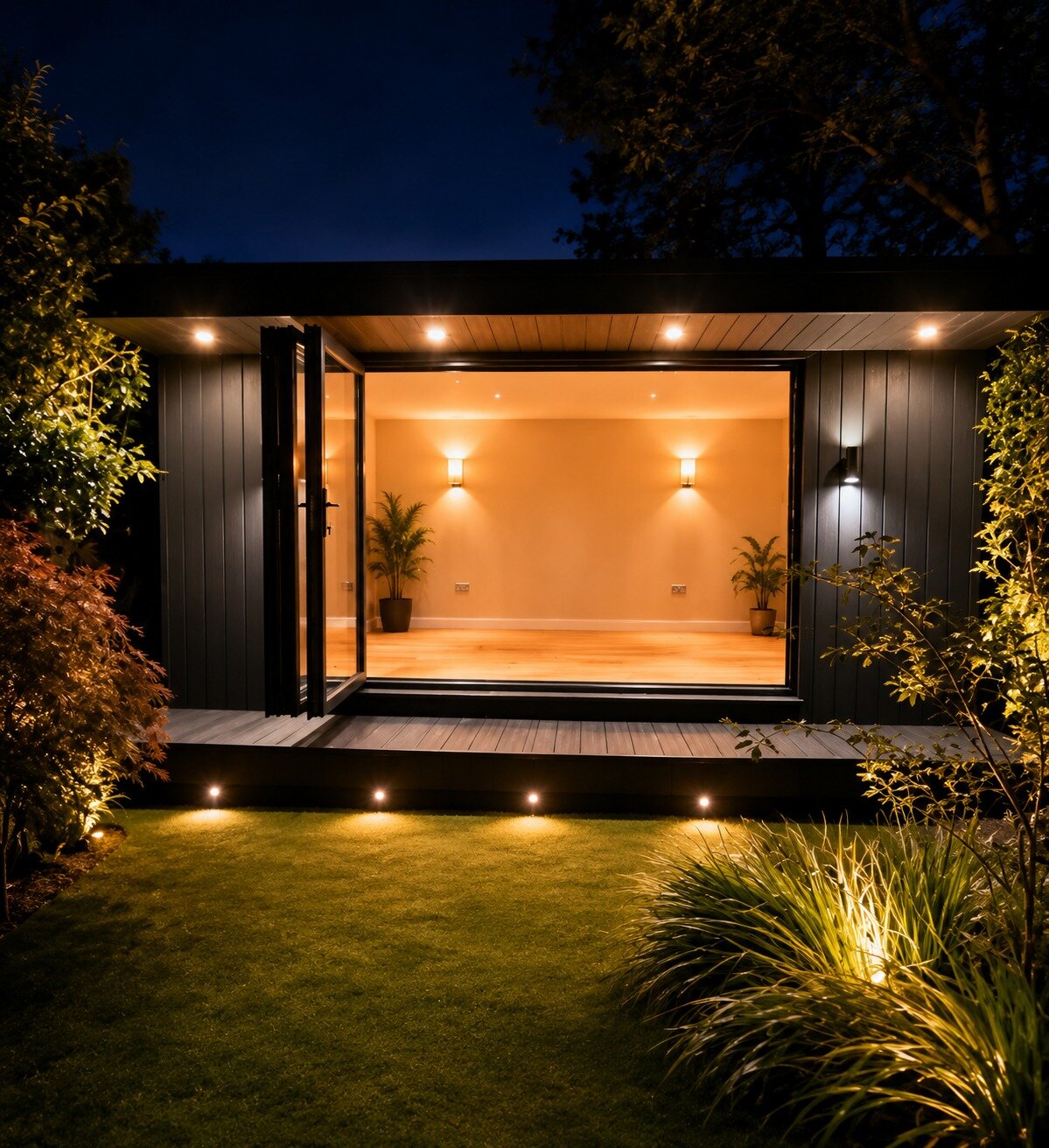 Kraftr garden room at dusk, bifold doors open onto a lit lawn
