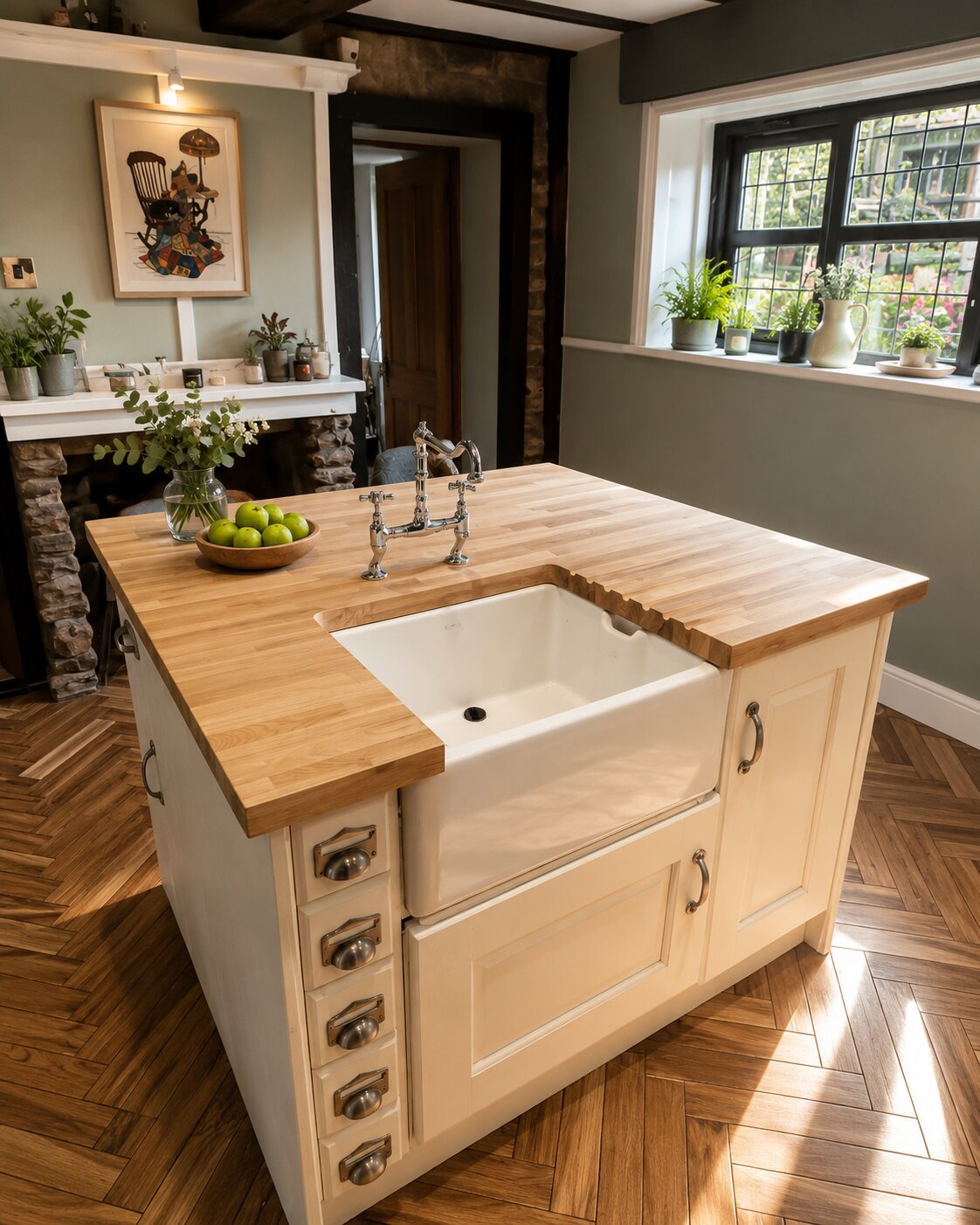 Bespoke island with solid oak top and Belfast sink in the Kraftr workshop style